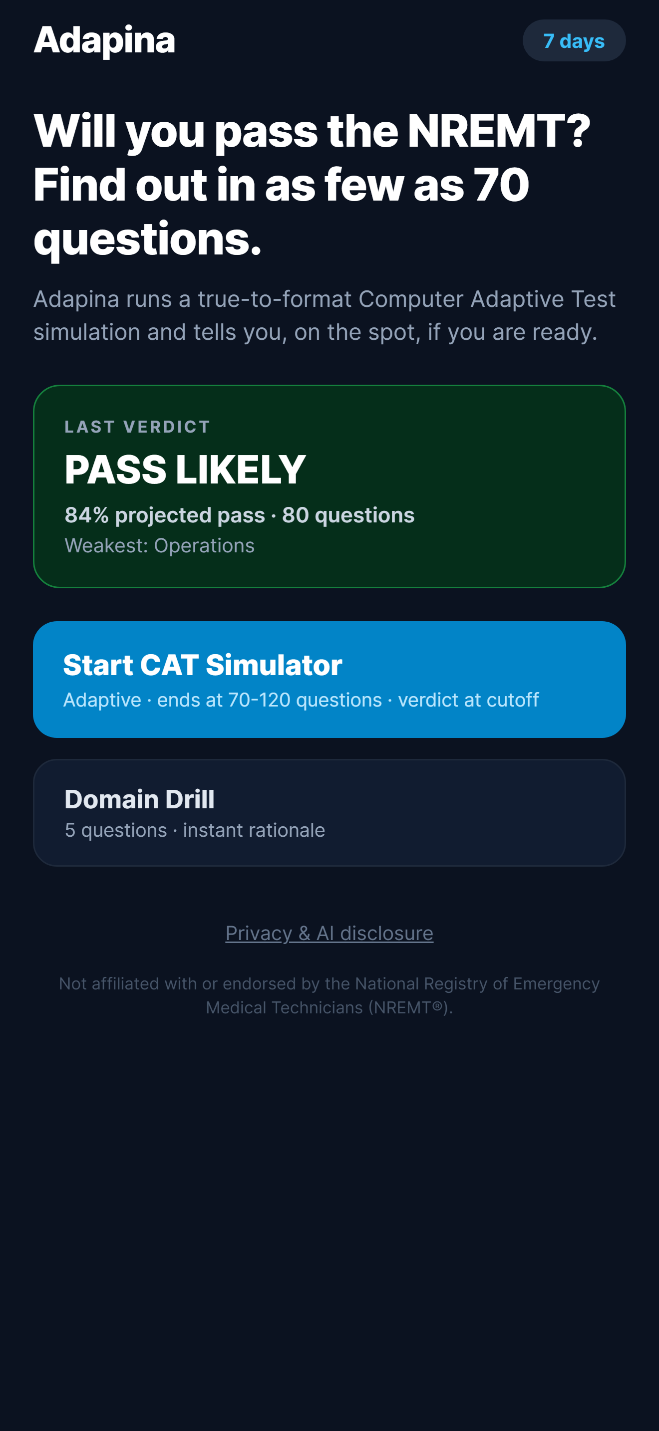 Adapina home screen with sim entry